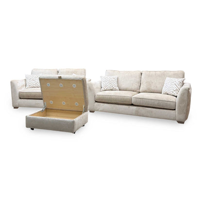 'Boujee' Lustro Biscuit Beige Fabric 3 + 2 Seater Classic Back Sofa Set + Storage Footstool