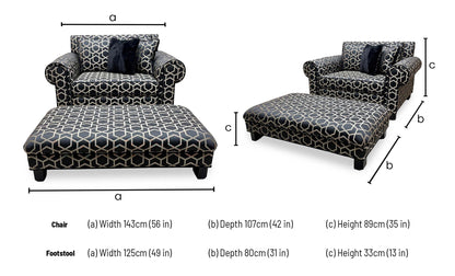 Duresta ‘Ambassador’ Fitzgerald Blk Gld Sp Eby Ft Patterned Fabric Classic Back Reading Chair + Footstool