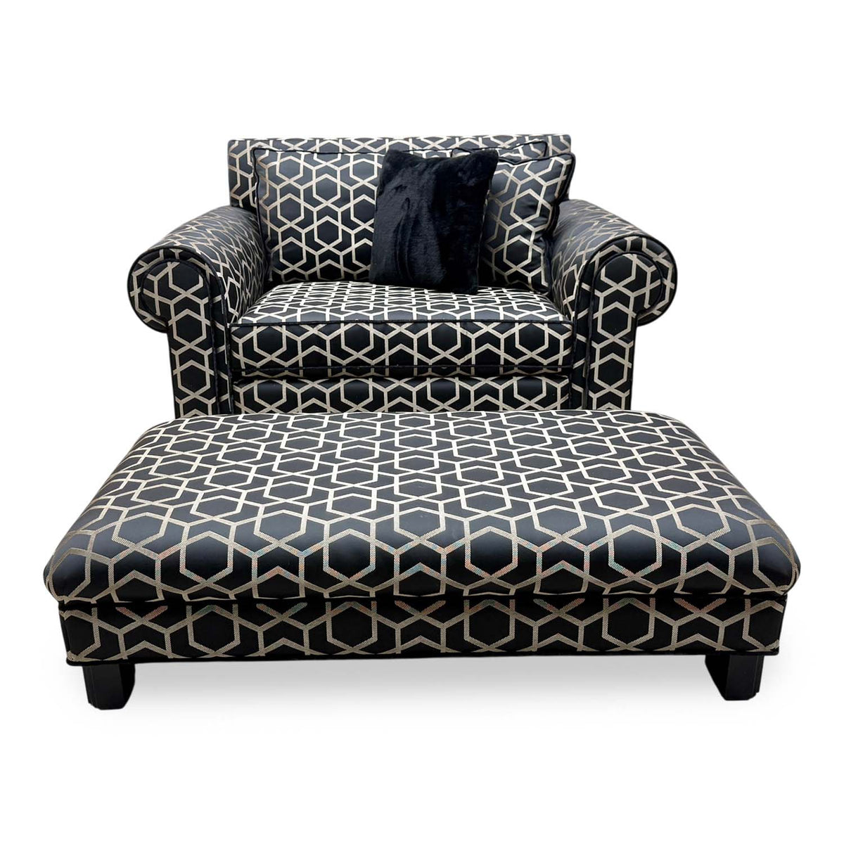 Duresta ‘Ambassador’ Fitzgerald Blk Gld Sp Eby Ft Patterned Fabric Classic Back Reading Chair + Footstool