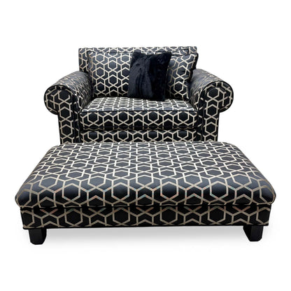 Duresta ‘Ambassador’ Fitzgerald Blk Gld Sp Eby Ft Patterned Fabric Classic Back Reading Chair + Footstool