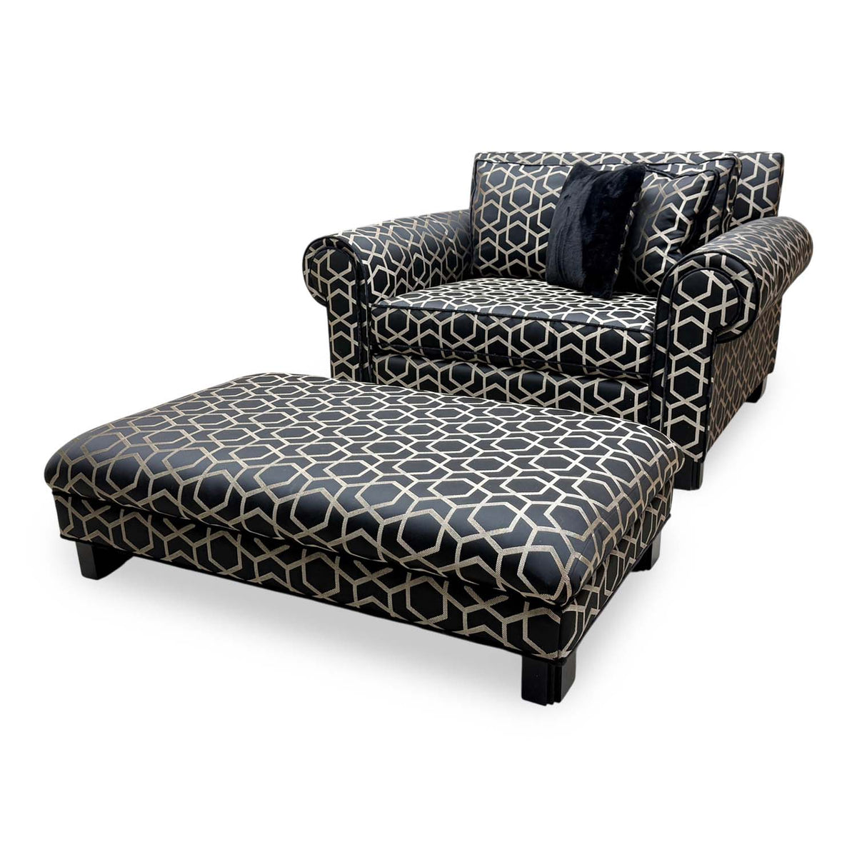 Duresta ‘Ambassador’ Fitzgerald Blk Gld Sp Eby Ft Patterned Fabric Classic Back Reading Chair + Footstool