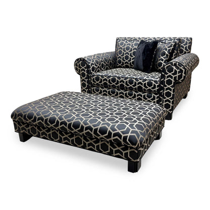 Duresta ‘Ambassador’ Fitzgerald Blk Gld Sp Eby Ft Patterned Fabric Classic Back Reading Chair + Footstool