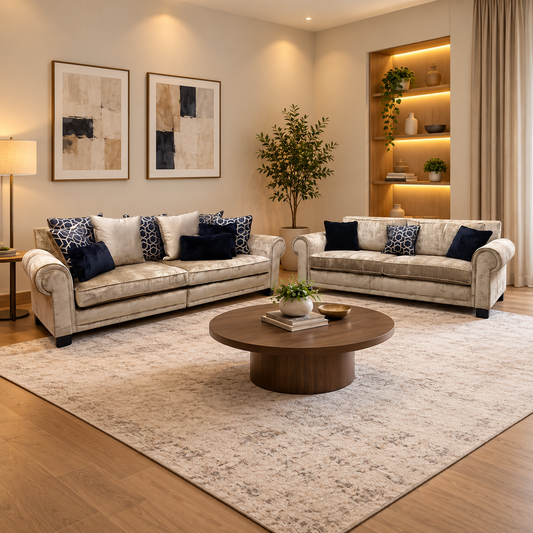 Duresta Ambassador gold velvet 4 seater and 3 seater sofas in a living room with a round wooden table