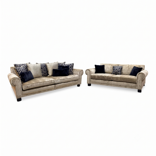 Duresta Ambassador Monarch Gold velvet 4 seater scatter back and 3 seater classic back sofa set, angled view