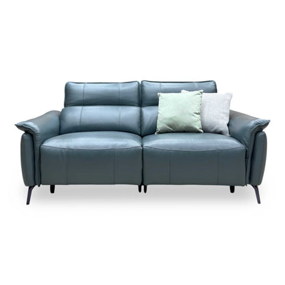 Front view of the Jude Oslo peacock green leather sofa on slim dark metal legs