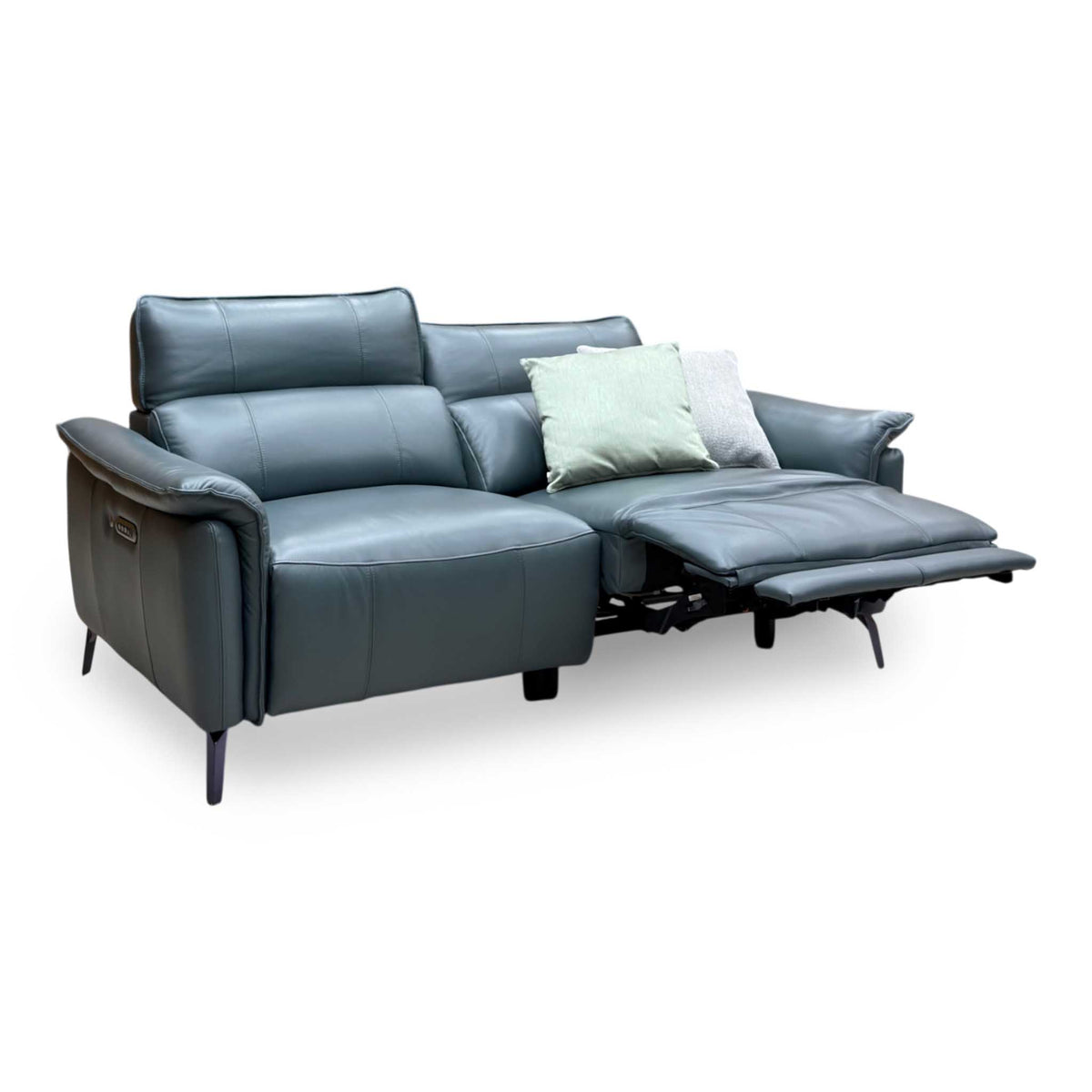 Jude Oslo peacock green leather sofa, angled view with the right seat in reclined position