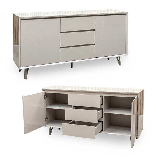 Mirage neutral sideboard shown closed and open, revealing the shelves behind the doors and three drawers