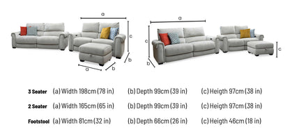 ‘Nixon’ Fab-Coe-R120 Light Khaki Velvet Fabric 3 + 2 Seater Power Recliner Sofa Set + Storage Footstool