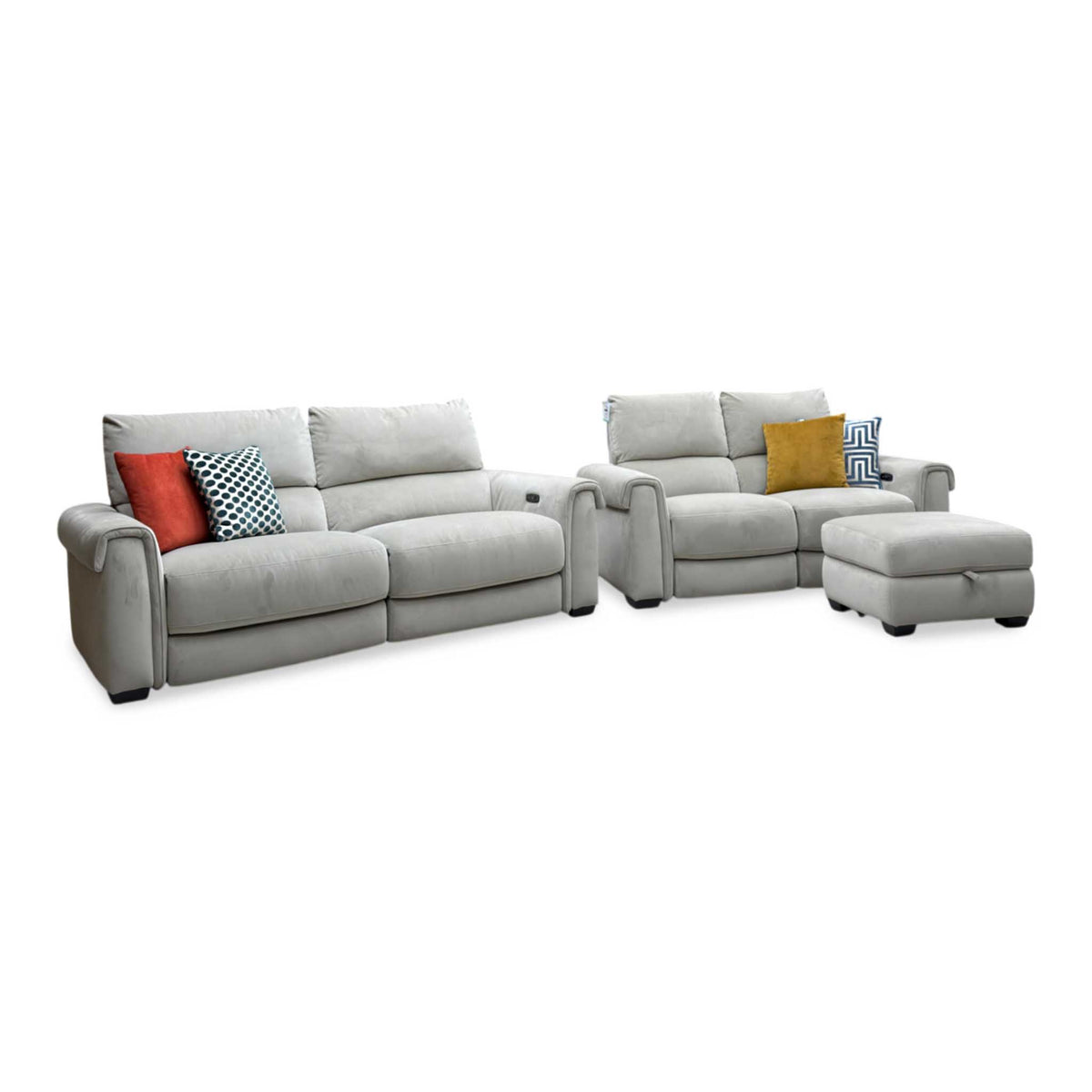 ‘Nixon’ Fab-Coe-R120 Light Khaki Velvet Fabric 3 + 2 Seater Power Recliner Sofa Set + Storage Footstool