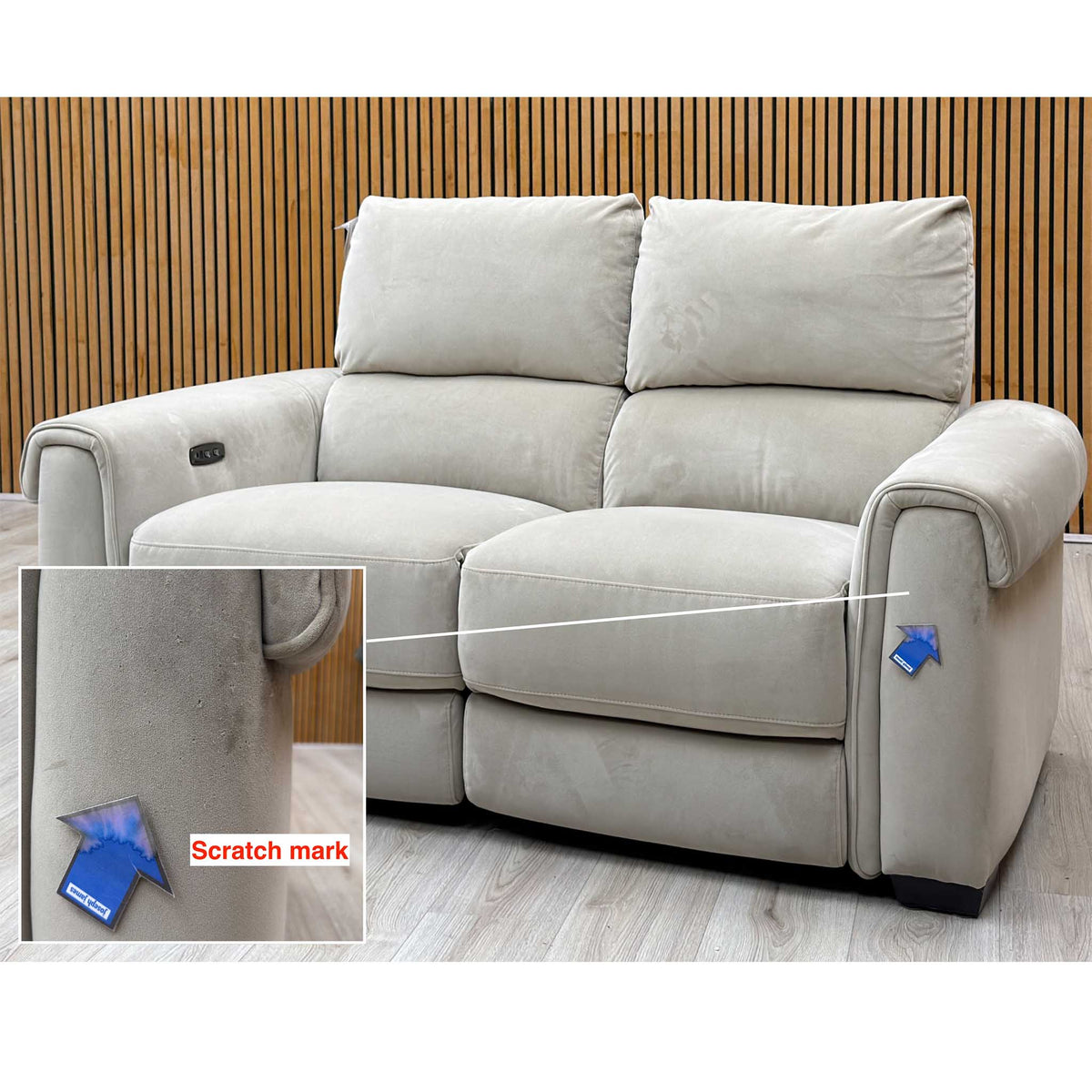 ‘Nixon’ Fab-Coe-R120 Light Khaki Velvet Fabric 3 + 2 Seater Power Recliner Sofa Set + Storage Footstool