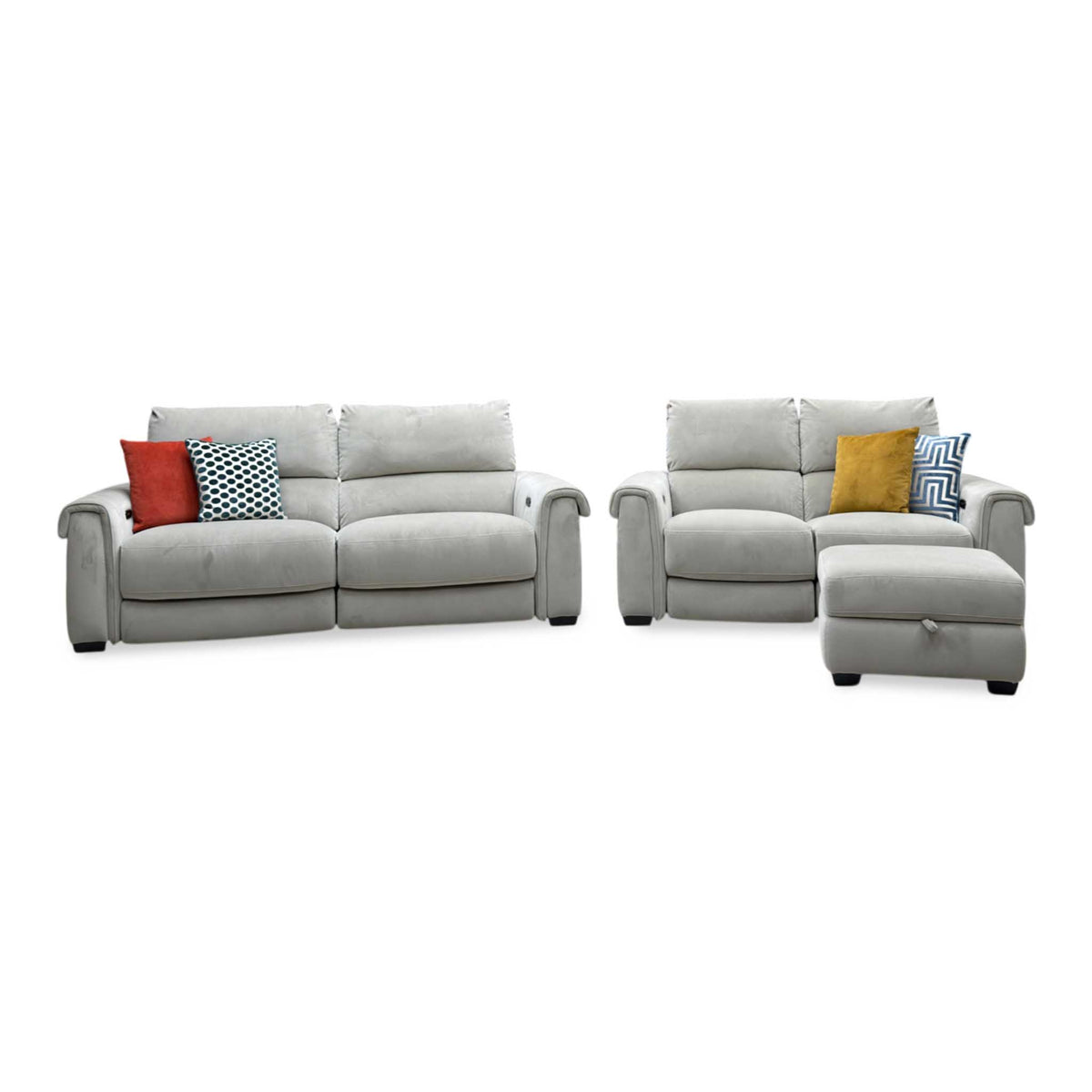 ‘Nixon’ Fab-Coe-R120 Light Khaki Velvet Fabric 3 + 2 Seater Power Recliner Sofa Set + Storage Footstool