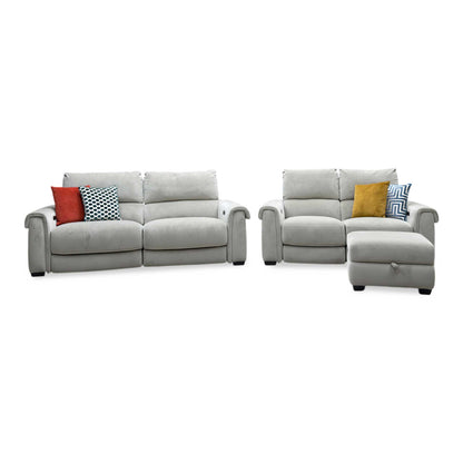 ‘Nixon’ Fab-Coe-R120 Light Khaki Velvet Fabric 3 + 2 Seater Power Recliner Sofa Set + Storage Footstool