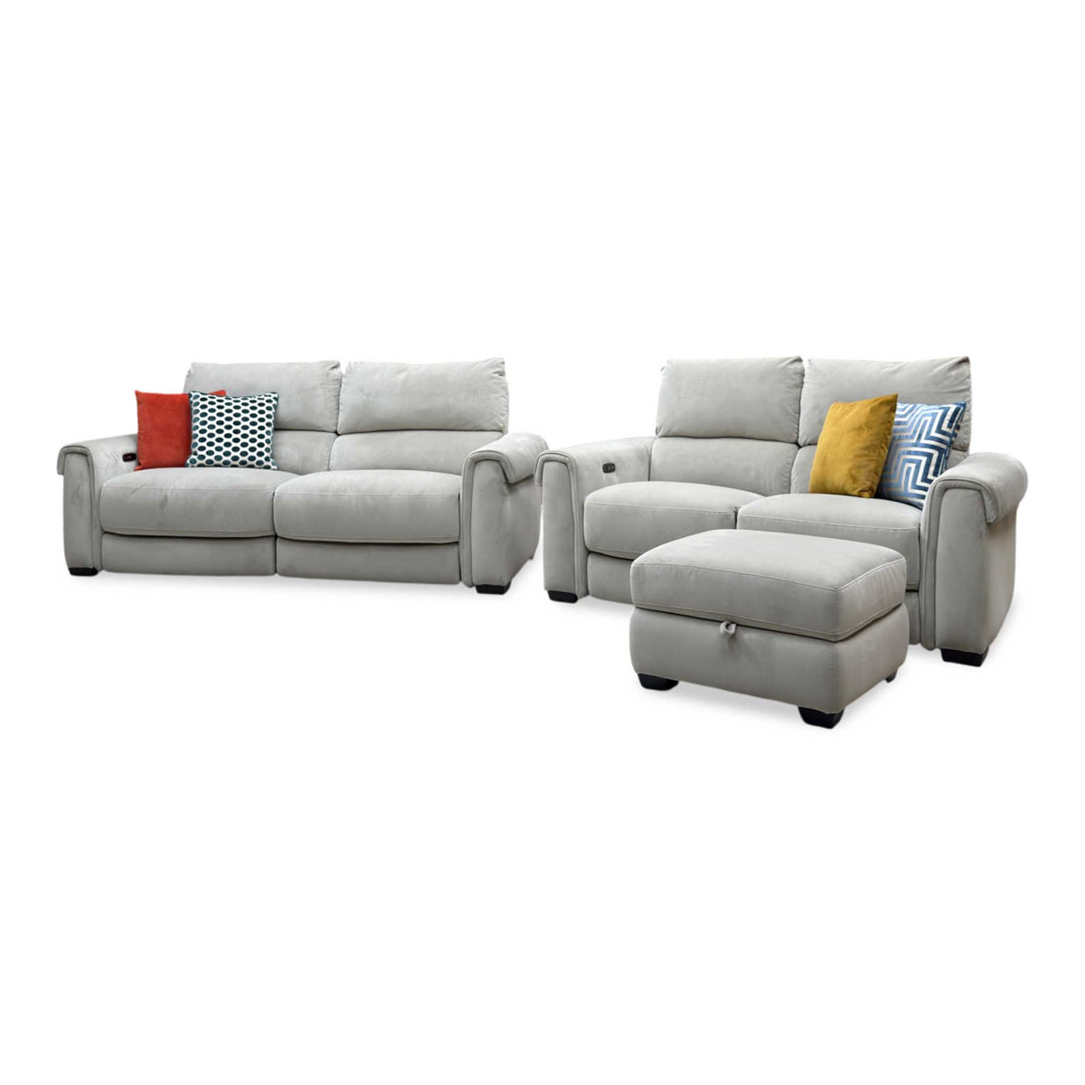 ‘Nixon’ Fab-Coe-R120 Light Khaki Velvet Fabric 3 + 2 Seater Power Recliner Sofa Set + Storage Footstool