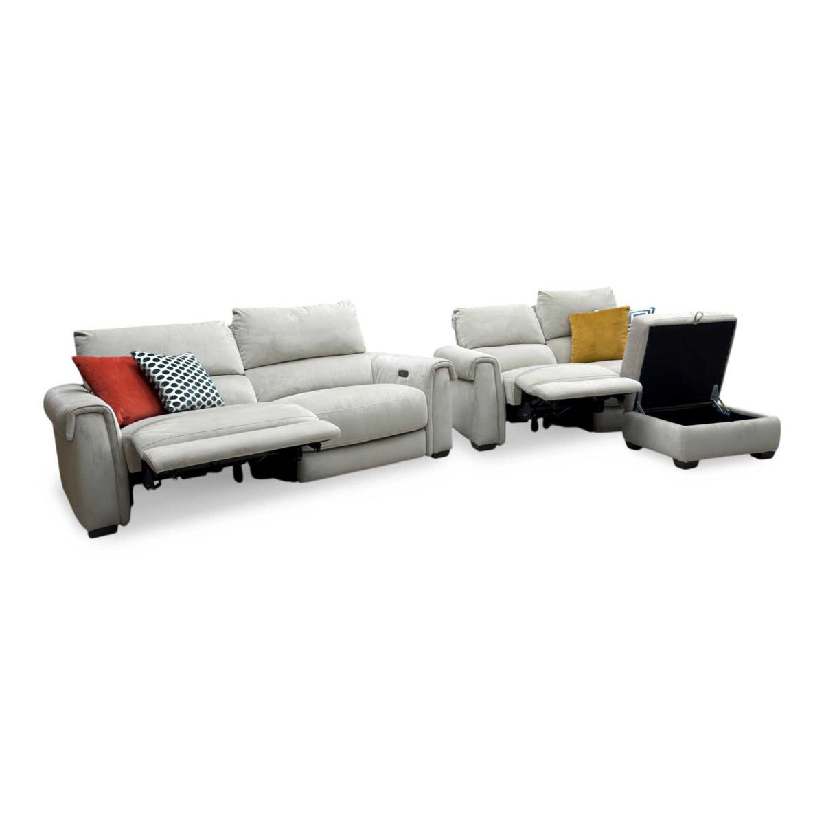 ‘Nixon’ Fab-Coe-R120 Light Khaki Velvet Fabric 3 + 2 Seater Power Recliner Sofa Set + Storage Footstool