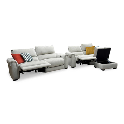 ‘Nixon’ Fab-Coe-R120 Light Khaki Velvet Fabric 3 + 2 Seater Power Recliner Sofa Set + Storage Footstool