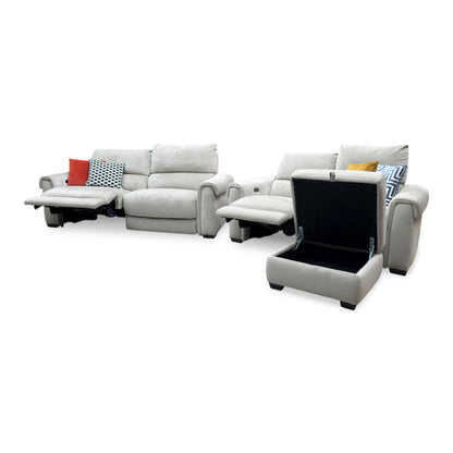 ‘Nixon’ Fab-Coe-R120 Light Khaki Velvet Fabric 3 + 2 Seater Power Recliner Sofa Set + Storage Footstool