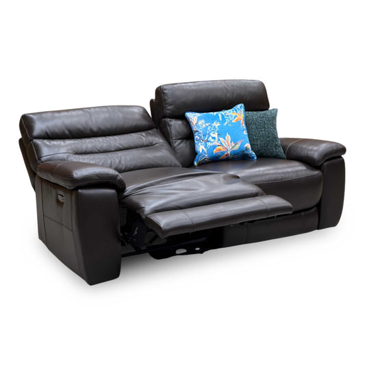 Comfort Story Nimbus dark chocolate brown leather 3 seater power recliner sofa, angled view with one seat reclined