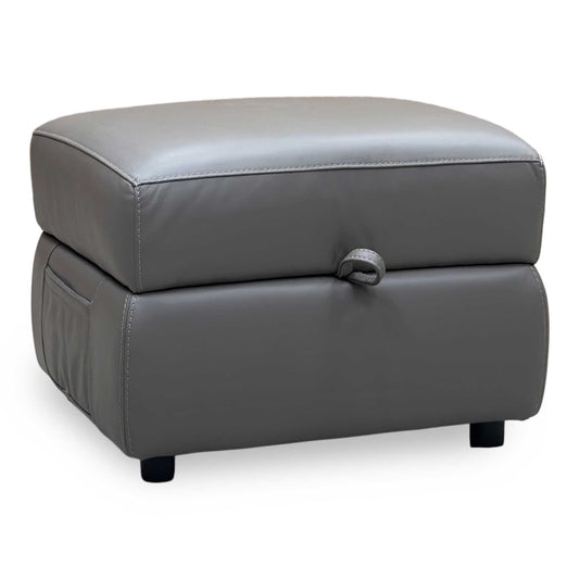 Missouri elephant grey leather storage footstool, angled view with a pull tab on the lid