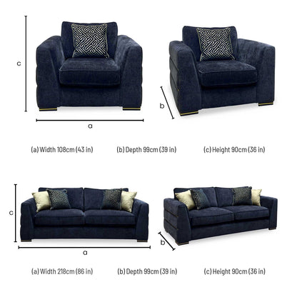 'Belissimo' Mirage Black - Gold Cp Fabric 3 Seater Classic Back Sofa + Chair Set
