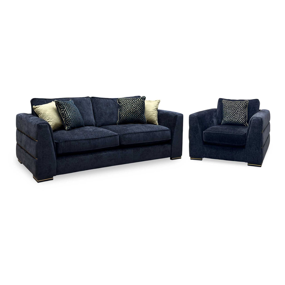 'Belissimo' Mirage Black - Gold Cp Fabric 3 Seater Classic Back Sofa + Chair Set