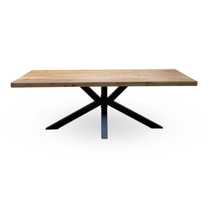 Front view of the Bodahl Njord solid oak 220cm straight top dining table on a black star base