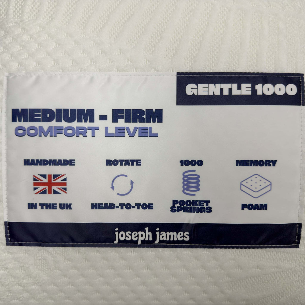 Gentle 1000 mattress label: medium-firm comfort, handmade in the UK, rotate head-to-toe, 1000 pocket springs, memory foam