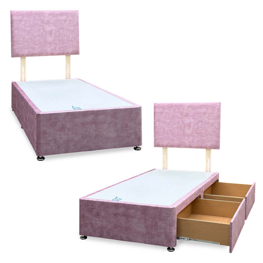Rosie spice pink velvet single divan base with strutted headboard, two angles with the two drawers open in one