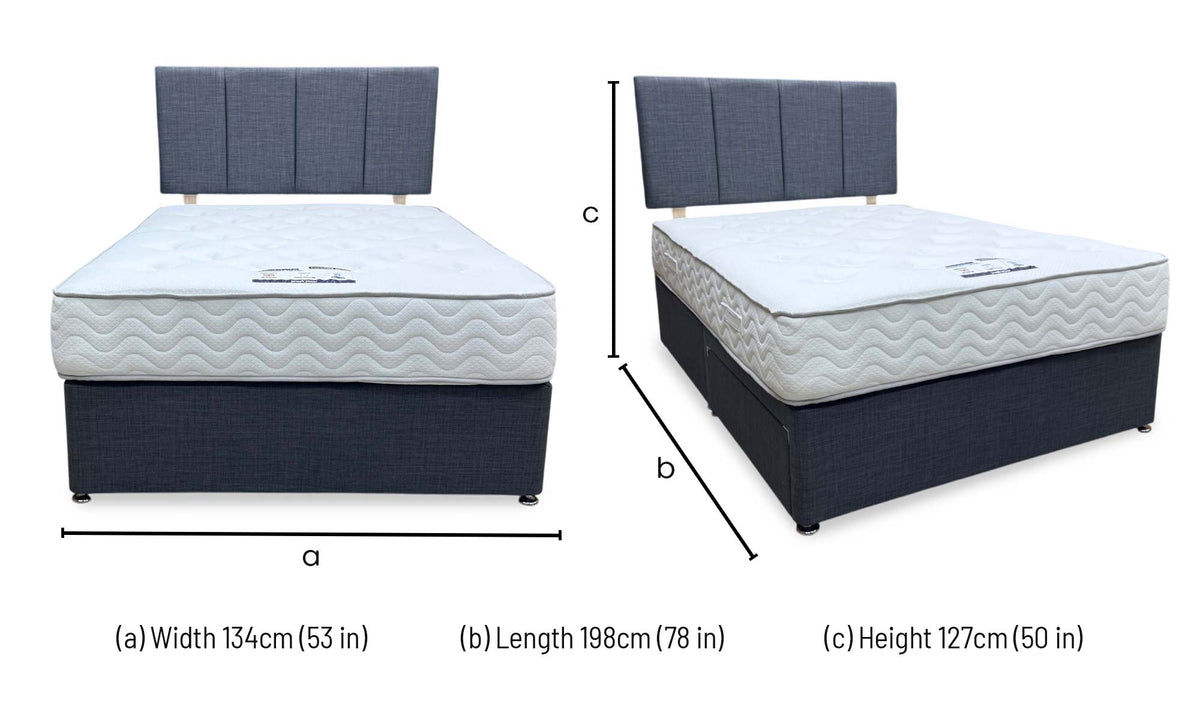 'Harold' Grey Fabric Strutted Headboard + 2 Drawer Divan Base + Lullaby 1500 Pocket Mattress Package Deal - Double