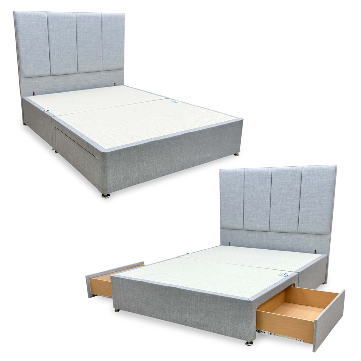 ‘Albert’ Silver Fabric Floor Standing Headboard + 2 Drawer Divan Base - King