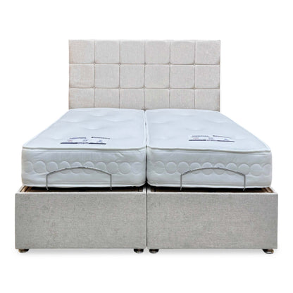 ‘Atlas’ Champagne Fabric Floor Standing Headboard + Electric Adjustable Divan + 800 Pocket Mattresses Package Deal - King
