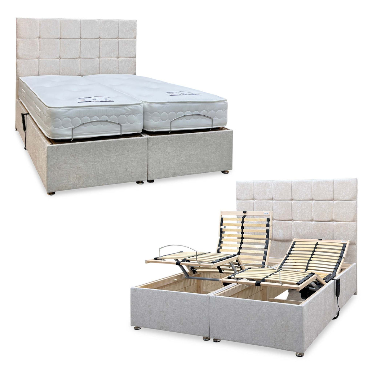 ‘Atlas’ Champagne Fabric Floor Standing Headboard + Electric Adjustable Divan + 800 Pocket Mattresses Package Deal - King