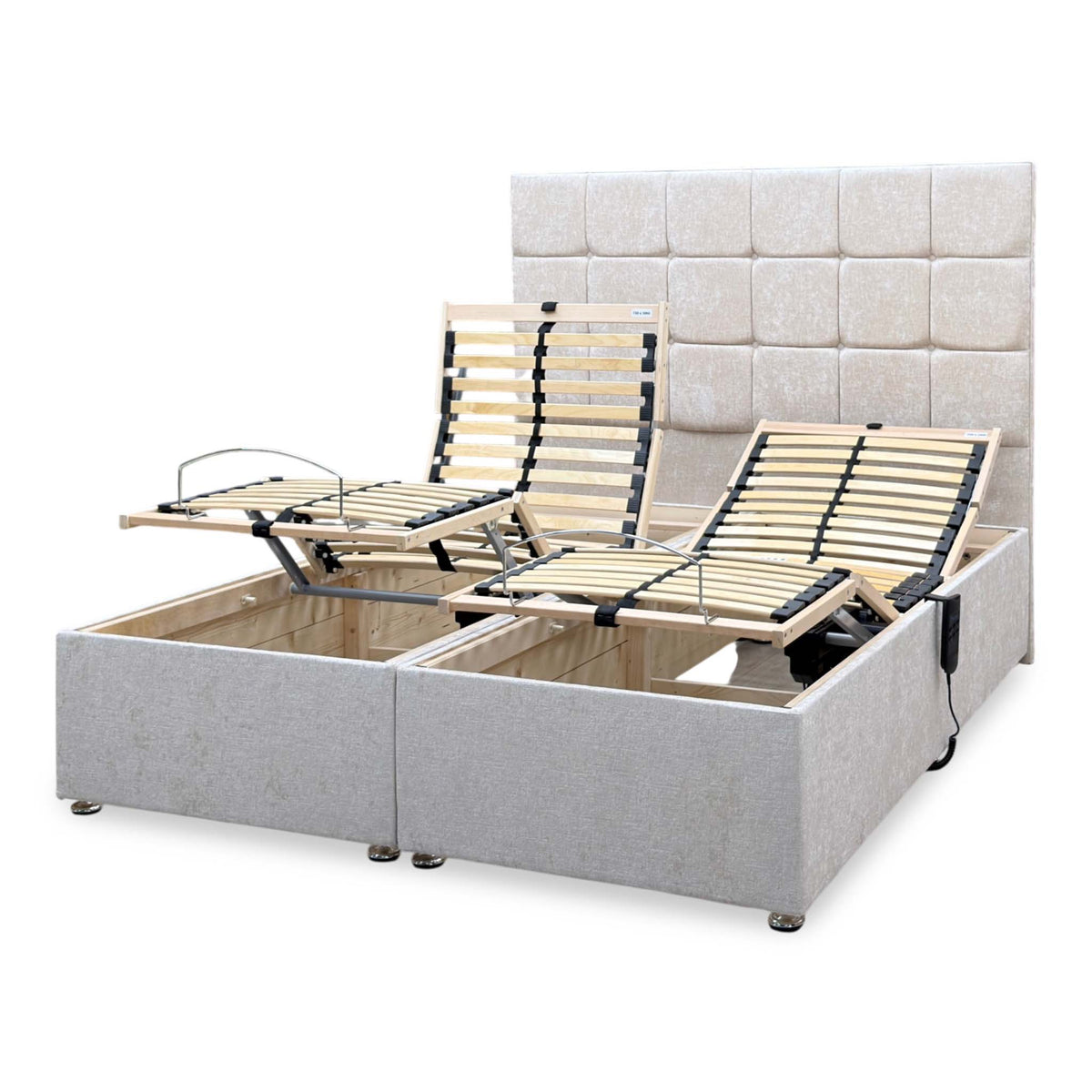 ‘Atlas’ Champagne Fabric Floor Standing Headboard + Electric Adjustable Divan + 800 Pocket Mattresses Package Deal - King