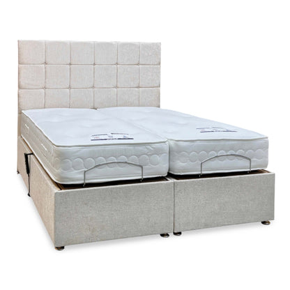 ‘Atlas’ Champagne Fabric Floor Standing Headboard + Electric Adjustable Divan + 800 Pocket Mattresses Package Deal - King