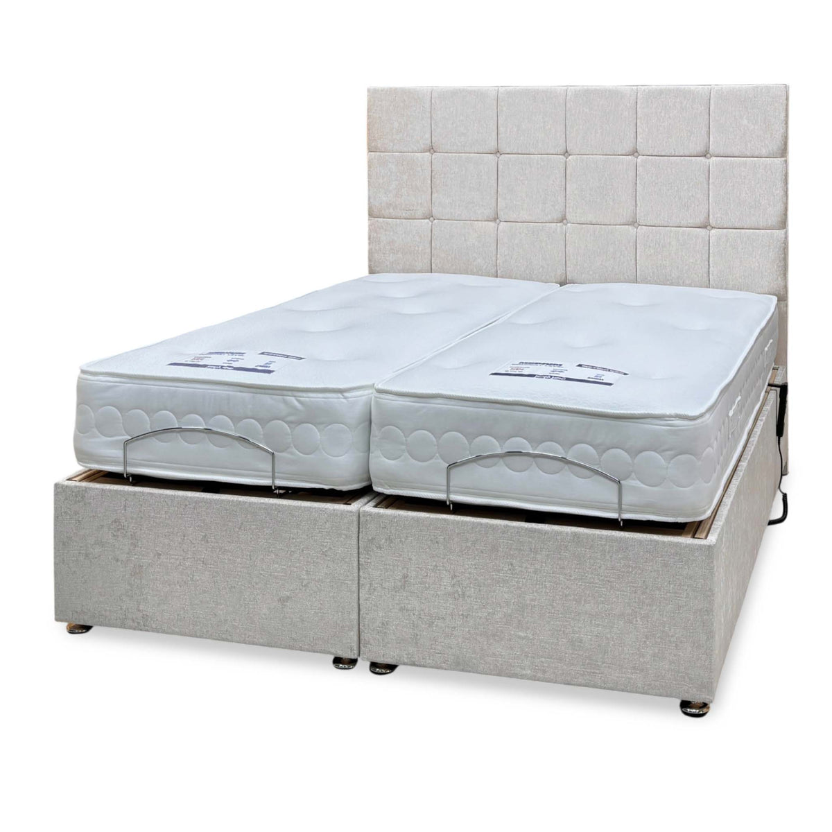 ‘Atlas’ Champagne Fabric Floor Standing Headboard + Electric Adjustable Divan + 800 Pocket Mattresses Package Deal - King
