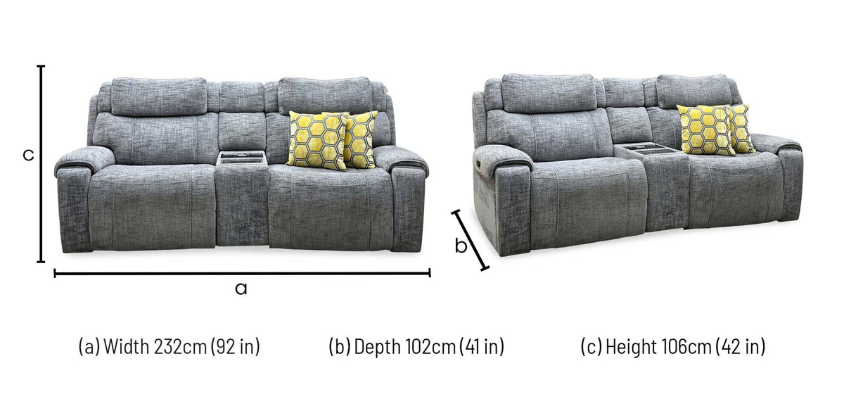 Hollywood dove grey fabric 3 seater media sofa dimensions: width 232cm, depth 102cm, height 106cm