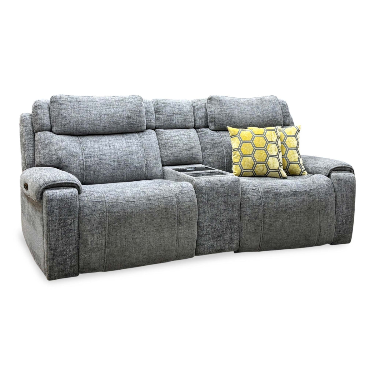 Hollywood dove grey fabric 3 seater media sofa, angled view from the left with the centre console closed