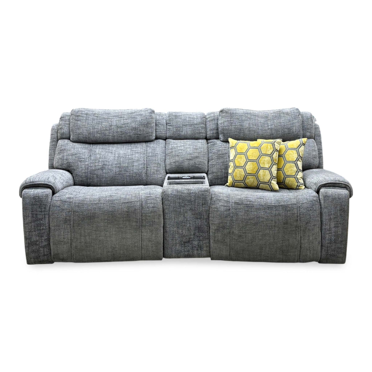 Front view of the Hollywood dove grey fabric 3 seater power recliner media sofa with yellow geometric cushions