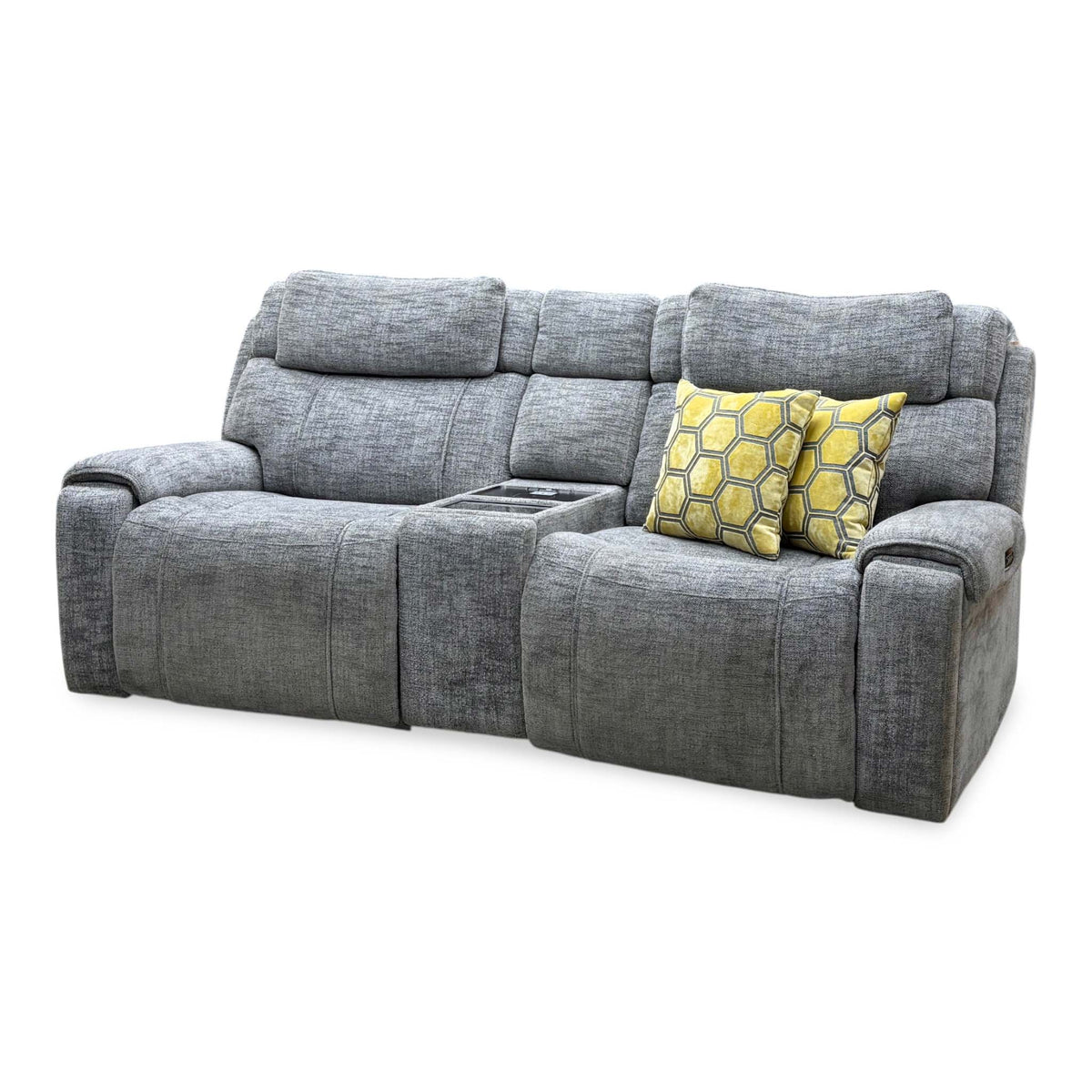Hollywood dove grey fabric media sofa, angled view from the right with both seats upright and console closed