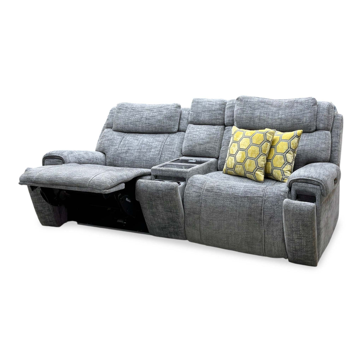 Hollywood dove grey fabric media sofa, angled view from the right with the left seat footrest raised