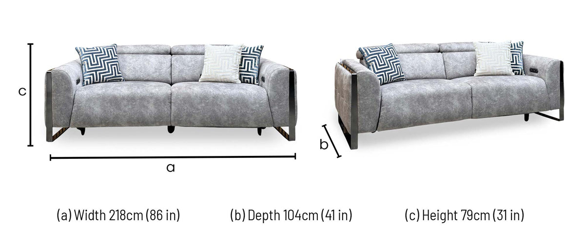 'Gisella' Marble Stone Grey Velvet Fabric 3 Seater Power Recliner Sofa with Power Headrests
