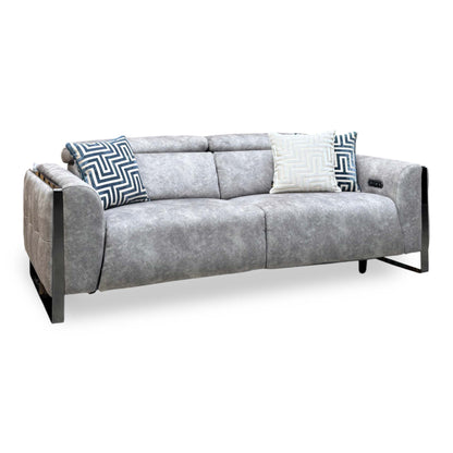 'Gisella' Marble Stone Grey Velvet Fabric 3 Seater Power Recliner Sofa with Power Headrests