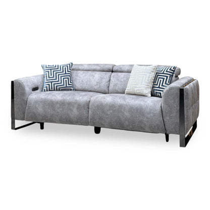 'Gisella' Marble Stone Grey Velvet Fabric 3 Seater Power Recliner Sofa with Power Headrests