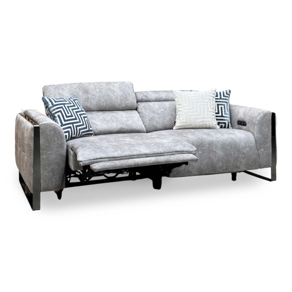 'Gisella' Marble Stone Grey Velvet Fabric 3 Seater Power Recliner Sofa with Power Headrests