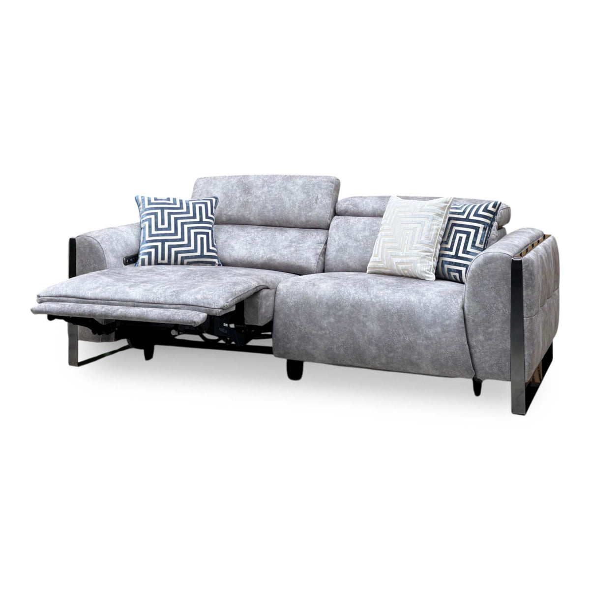 'Gisella' Marble Stone Grey Velvet Fabric 3 Seater Power Recliner Sofa with Power Headrests