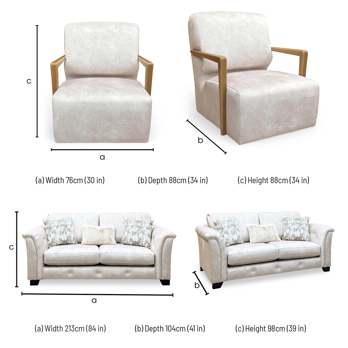 Aura cream sofa set dimensions: chair 76 x 88 x 88cm; sofa width 213cm, depth 104cm, height 98cm