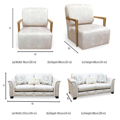 Aura cream sofa set dimensions: chair 76 x 88 x 88cm; sofa width 213cm, depth 104cm, height 98cm