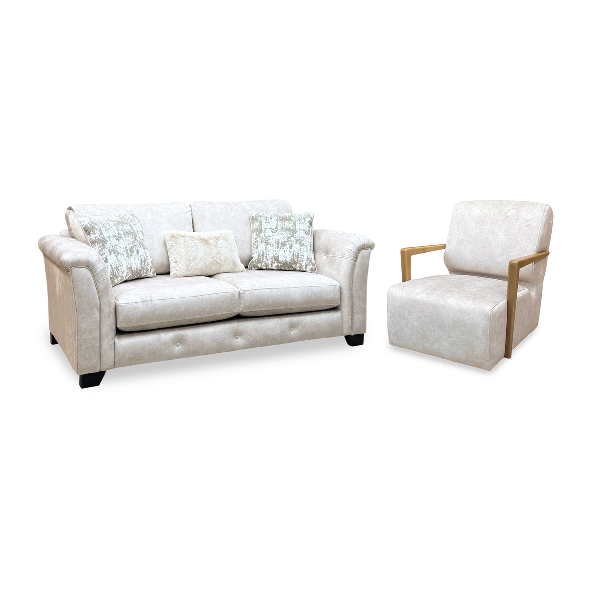 Aura cream velvet sofa and swivel chair set from the left, showing the wooden arm frame on the chair