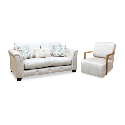 Aura cream velvet sofa and swivel chair set from the left, showing the wooden arm frame on the chair