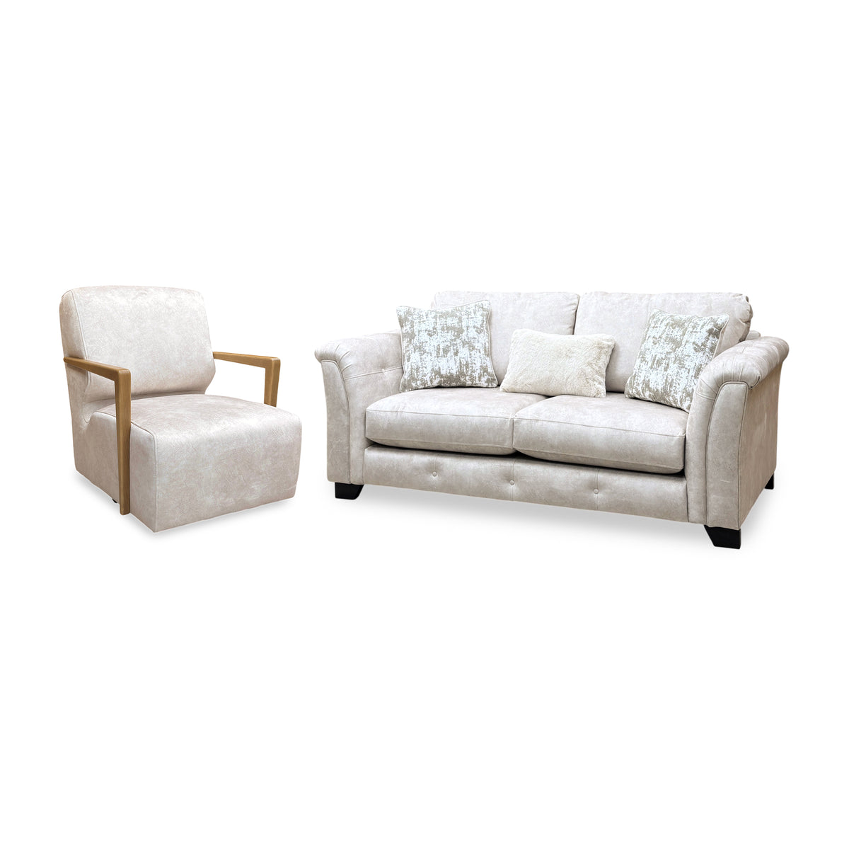 Aura Kenzo cream velvet 3 seater sofa and swivel chair set, angled view with scatter cushions