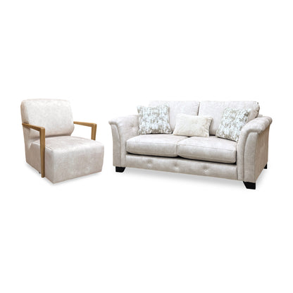 Aura Kenzo cream velvet 3 seater sofa and swivel chair set, angled view with scatter cushions